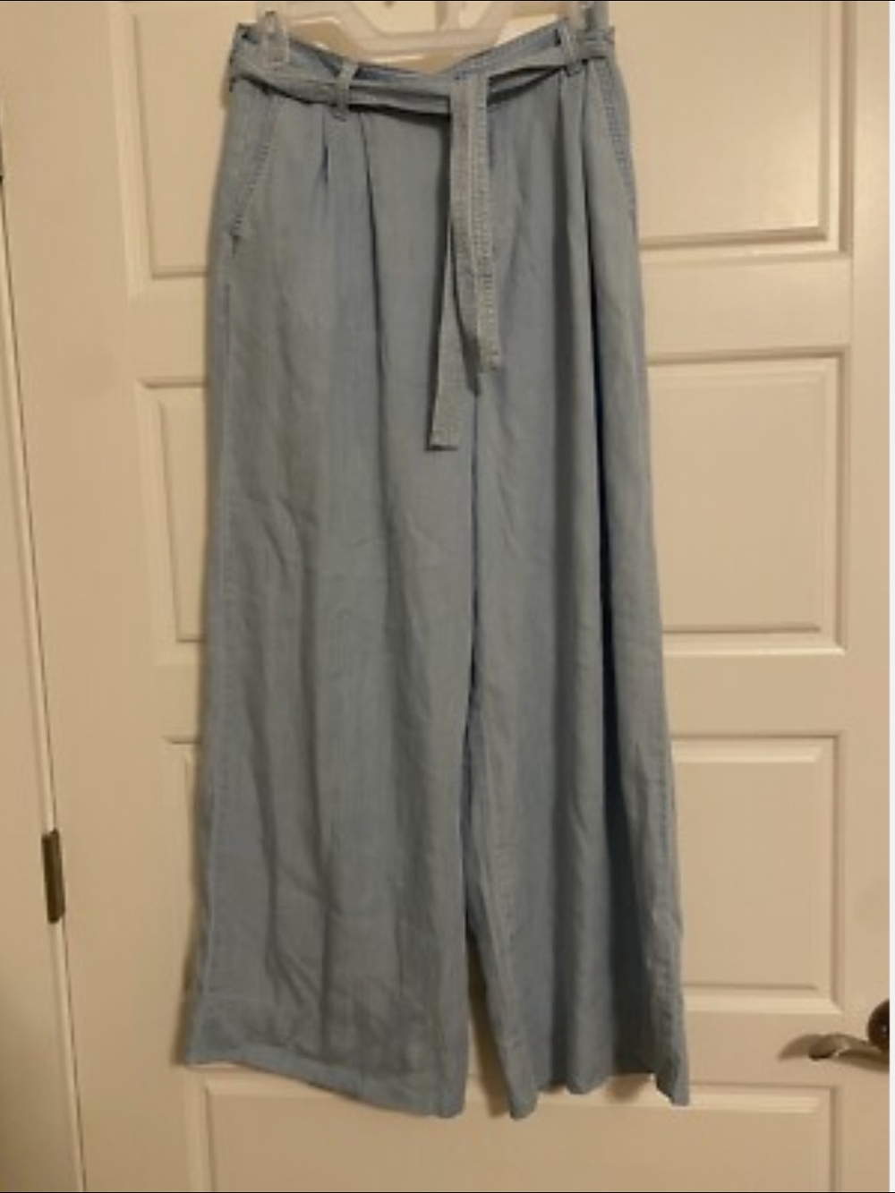 a.n.a Light Blue Denim-Style Wide Leg Pants with Waist Tie